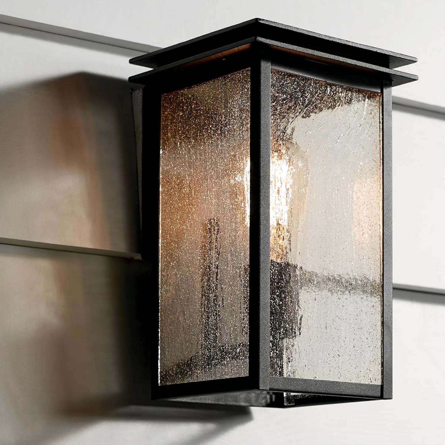 Kichler Arkville 10" 1 Light Outdoor Wall Light with Clear Seeded Glass in Textured Black for Exterior Doors, Walls, Porch, (10" x 6"), 59540BKT