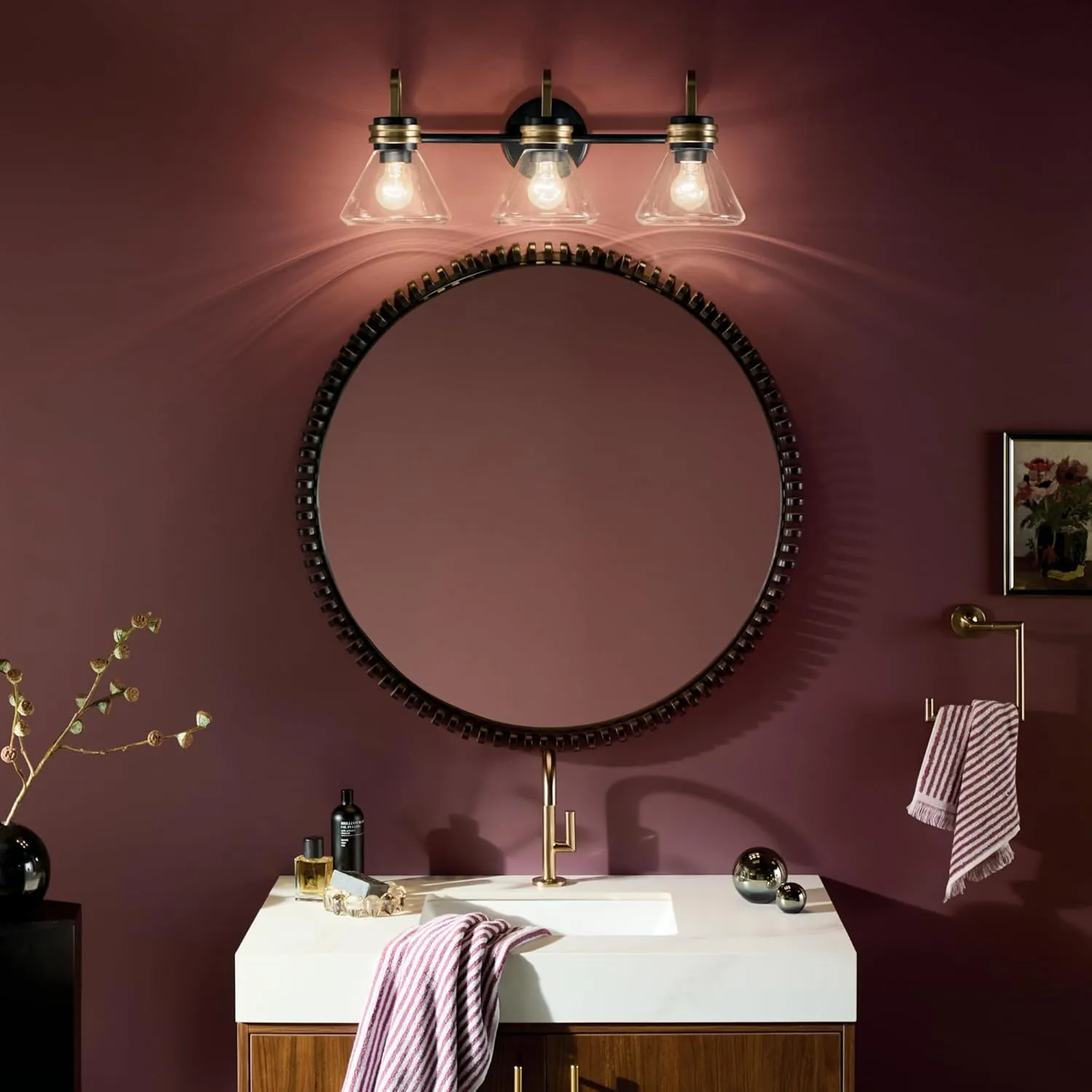 Kichler Farum 26" 3-Light Vanity Light with Clear Glass in Black, for Single or Double Vanity, Over a Mirror, Powder Room, Bathroom (26" W x 9.5" H) 55155BKCLR, Pack of 1