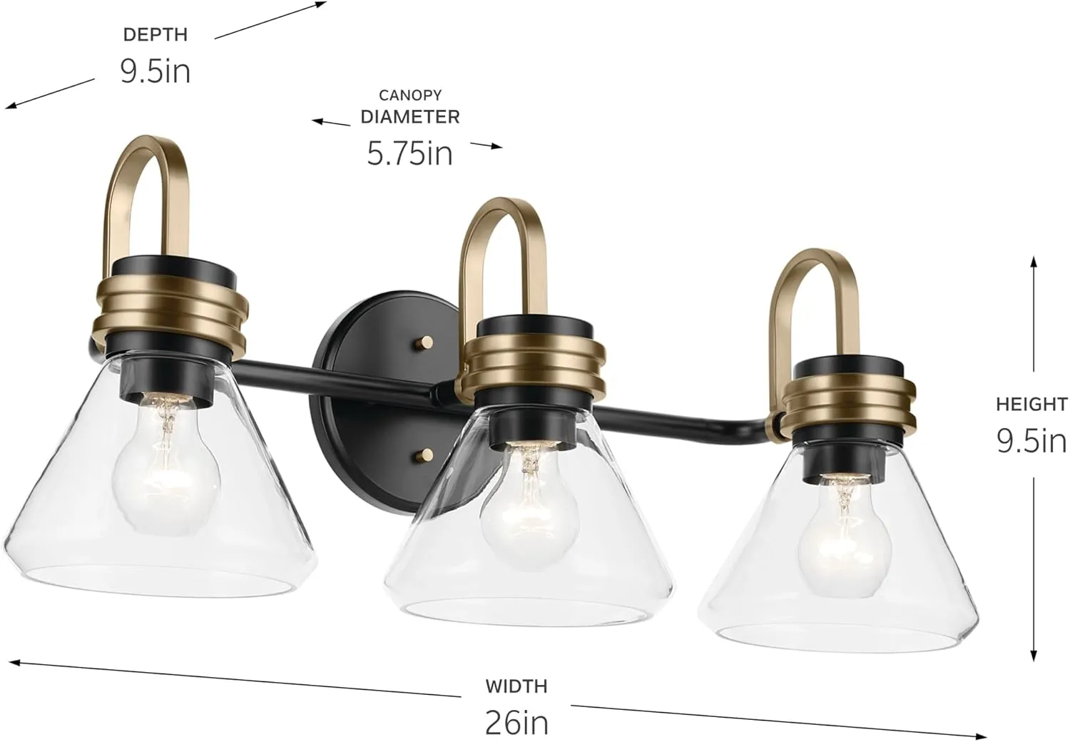 Kichler Farum 26" 3-Light Vanity Light with Clear Glass in Black, for Single or Double Vanity, Over a Mirror, Powder Room, Bathroom (26" W x 9.5" H) 55155BKCLR, Pack of 1