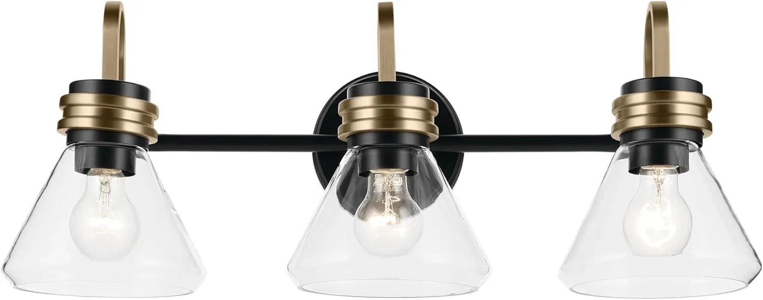 Kichler Farum 26" 3-Light Vanity Light with Clear Glass in Black, for Single or Double Vanity, Over a Mirror, Powder Room, Bathroom (26" W x 9.5" H) 55155BKCLR, Pack of 1