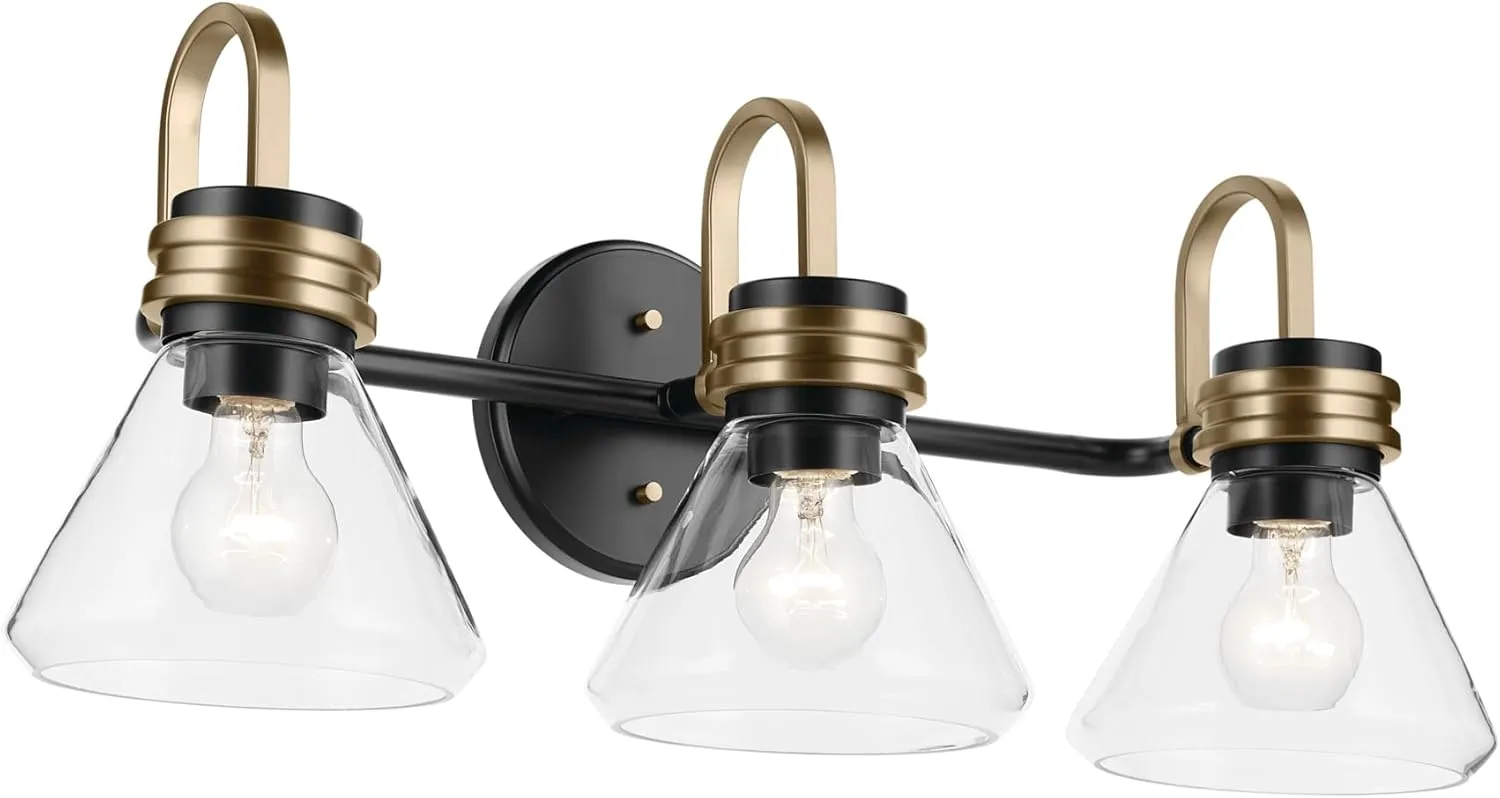 Kichler Farum 26" 3-Light Vanity Light with Clear Glass in Black, for Single or Double Vanity, Over a Mirror, Powder Room, Bathroom (26" W x 9.5" H) 55155BKCLR, Pack of 1
