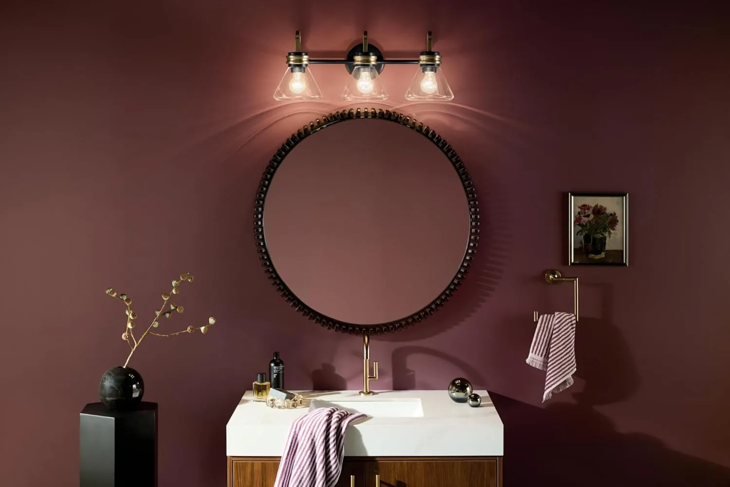 Kichler Farum 26" 3-Light Vanity Light with Clear Glass in Black, for Single or Double Vanity, Over a Mirror, Powder Room, Bathroom (26" W x 9.5" H) 55155BKCLR, Pack of 1