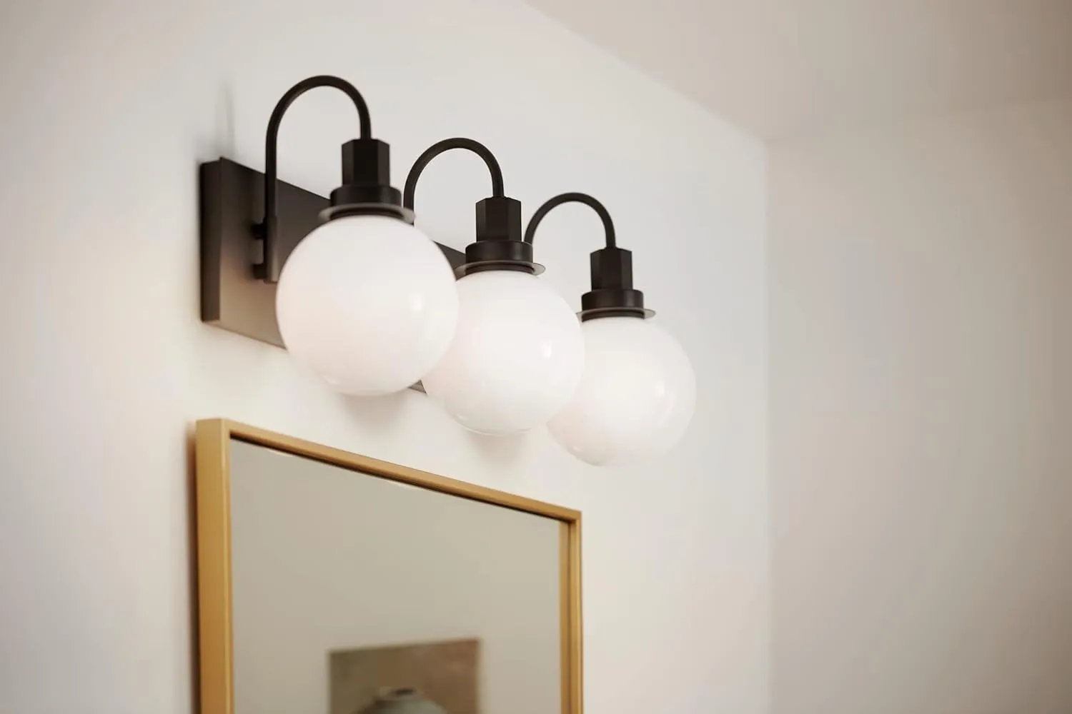 Kichler Hex 3-Light Vanity Light, Modern Light with Opal Glass in Black, Install Up or Down, Damp Rated, for Bathroom Vanity (22.75" x 10.25"), 55151BK