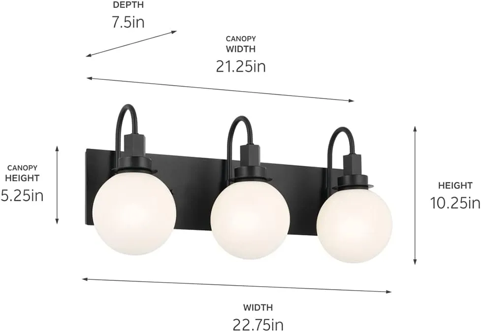 Kichler Hex 3-Light Vanity Light, Modern Light with Opal Glass in Black, Install Up or Down, Damp Rated, for Bathroom Vanity (22.75" x 10.25"), 55151BK
