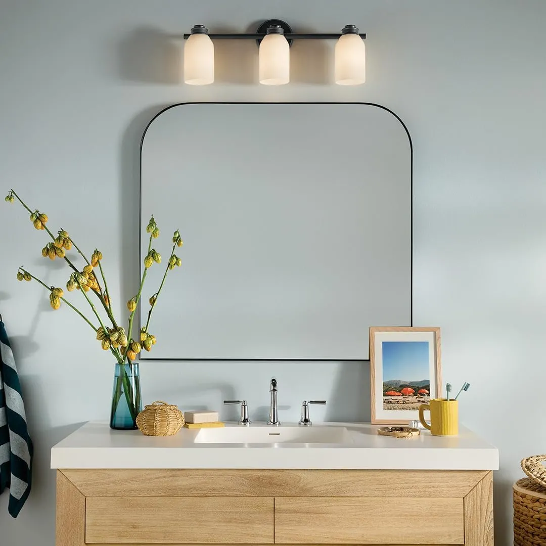 Kichler Shae 24.25" 3-Light Vanity Light with White Opal Glass in Black, for Bathroom Vanity, Powder Room, Over a Mirror, (24.25" W x 9" H), 55202BK