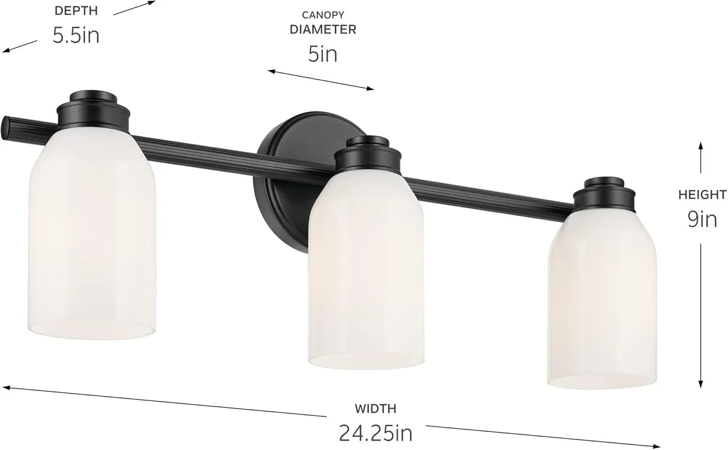 Kichler Shae 24.25" 3-Light Vanity Light with White Opal Glass in Black, for Bathroom Vanity, Powder Room, Over a Mirror, (24.25" W x 9" H), 55202BK