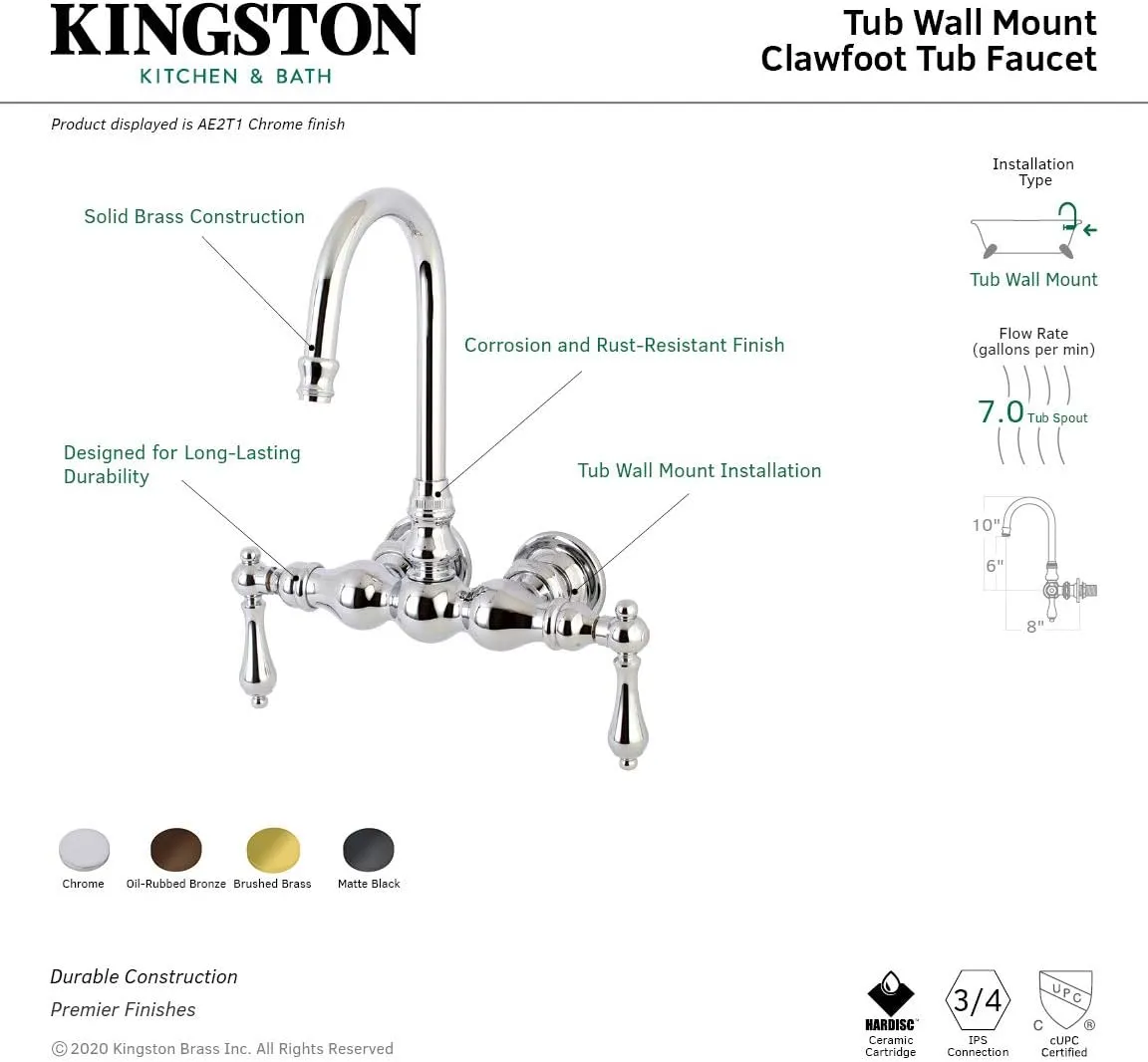 Kingston Brass AE1T0 Aqua Vintage Clawfoot Tub Faucet, Matte Black