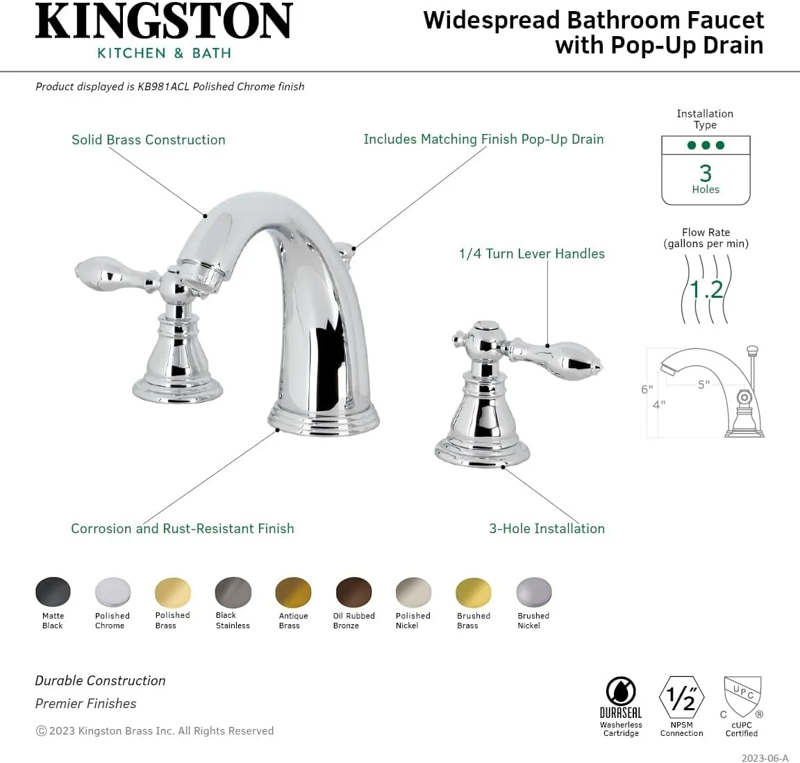 Kingston Brass KB983ACL American Classic Widespread Bathroom Faucet with Retail Pop-Up, Black Stainless