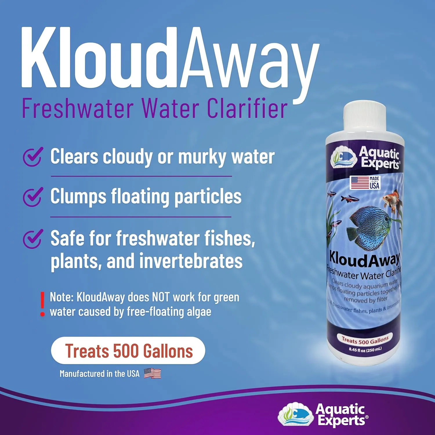 KloudAway Freshwater Aquarium Water Clarifier - Clears Cloudy Water, Water Clarifier for Fish Tank, Made in USA, Aquatic Experts (250 ml)