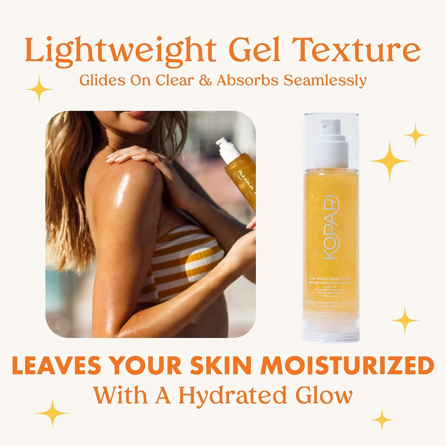 Kopari Sun Shield Body Glow, Broad Spectrum SPF 50, Lightweight Shimmering Gel Texture Absorbs Quickly, Non Sticky, Glowing Results, Gold 5 oz