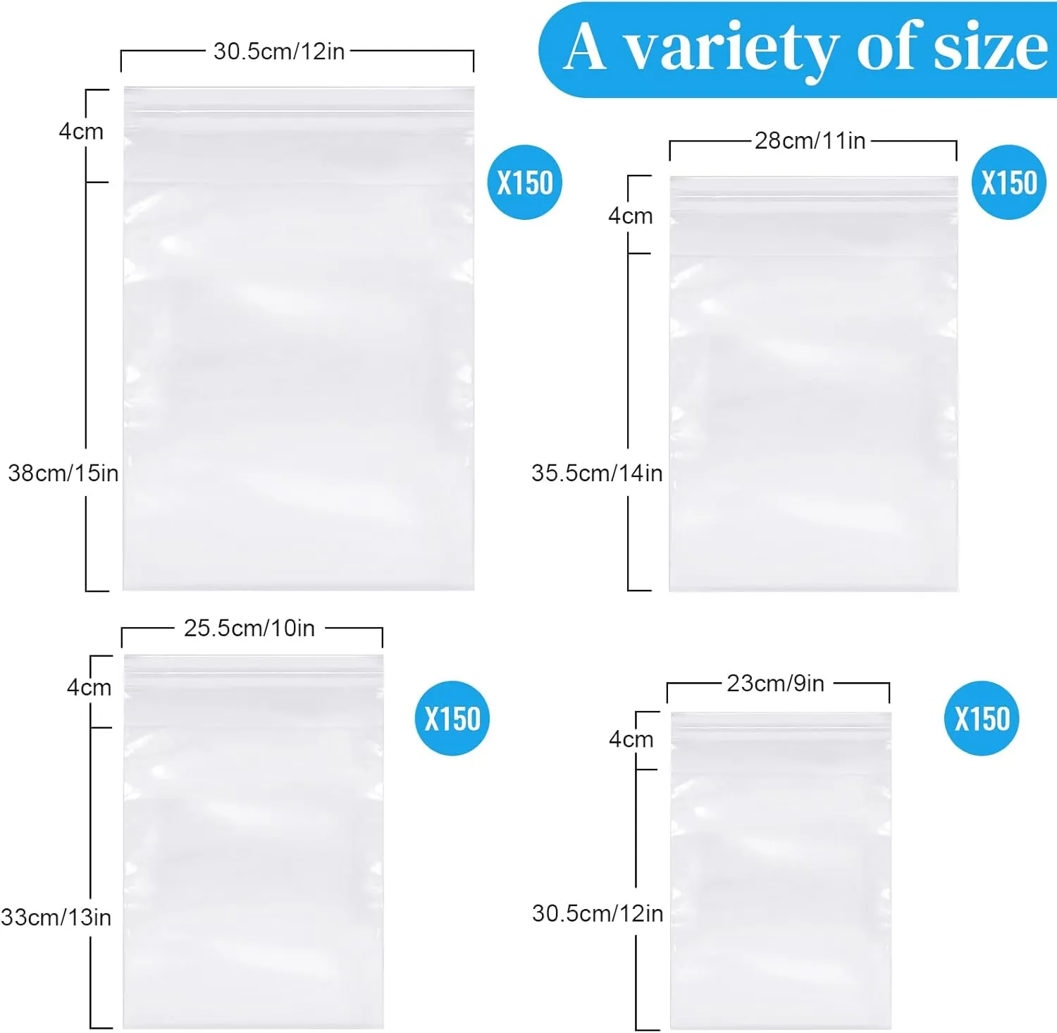 Kosiz 600 Pcs Clear Cellophane Bag Plastic Poly Shirt Bag Bulk Resealable Clothes Packing Adhesive Self Sealing Packages for Business Shipping(9''x12'', 10''x13'', 11''x14", 12''x15")