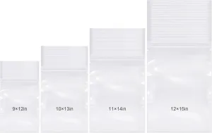 Kosiz 600 Pcs Clear Cellophane Bag Plastic Poly Shirt Bag Bulk Resealable Clothes Packing Adhesive Self Sealing Packages for Business Shipping(9''x12'', 10''x13'', 11''x14", 12''x15")