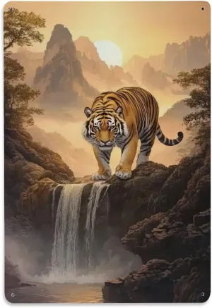 KRECDKQ Metal Poster Sign Decor Tiger Jungle Stream Sun Ink Vintage Aluminum 8x12 Inch Posters Retro Wall Art Decor for Home Bar Club Garage Cafe Street Garden Farmhouse Outdoor