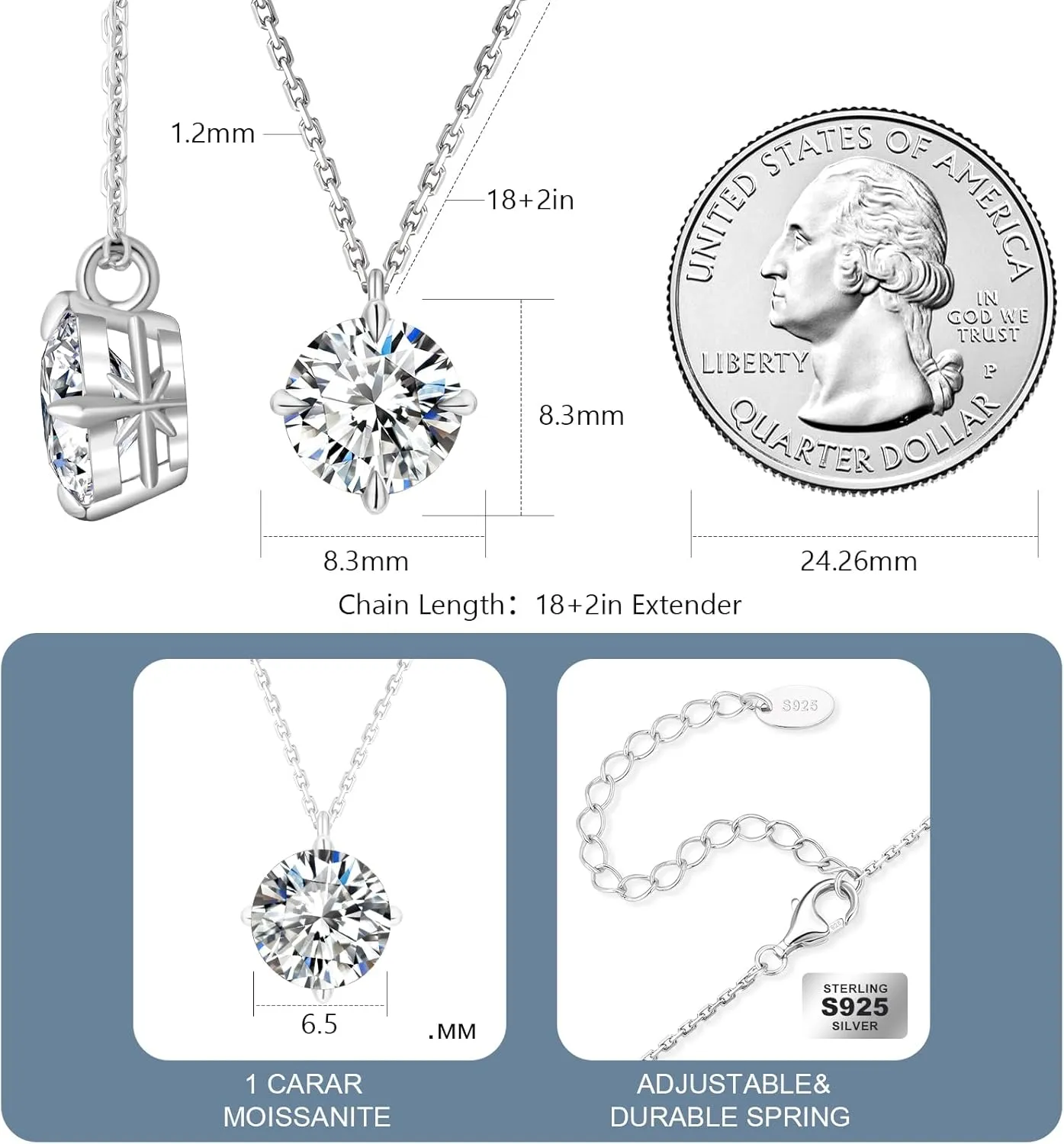 KRKC Moissanite Pendant Necklace for Women, 0.5CT/1CT/2CT/3CT/4CT Lab Created Diamond Solitaire Pendant, VVS1 Clarity D Color, Adjustable 14K White Gold Plated S925 Sterling Silver Chain, Jewelry Gift for Anniversary Valentines Christmas Day
