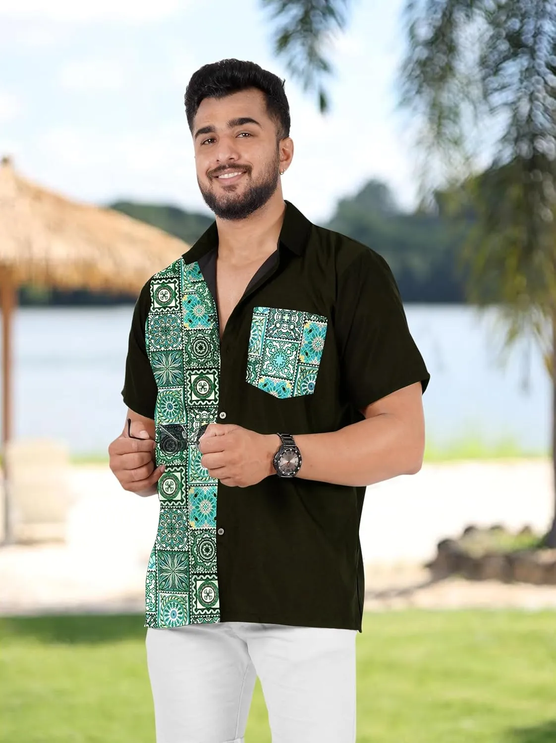 LA LEELA Men's Hawaiian Shirt Summer Untuckit