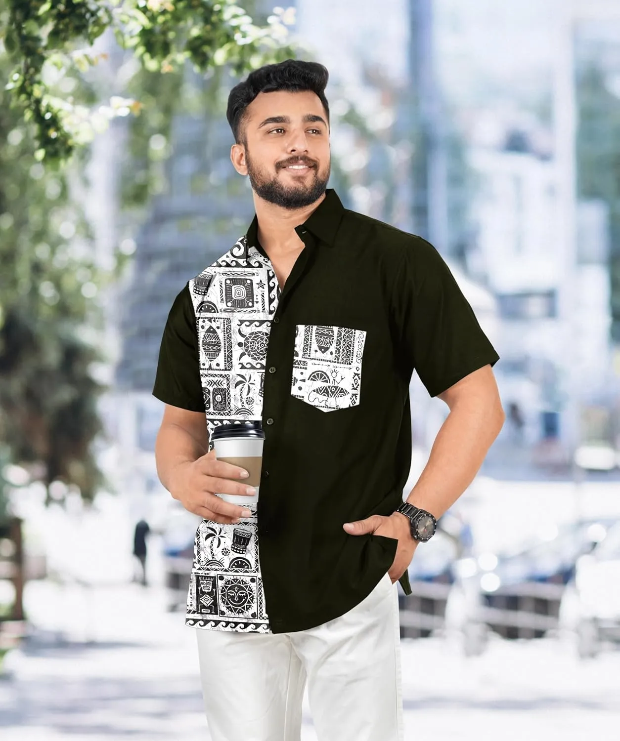 LA LEELA Men's Hawaiian Shirt Summer Untuckit