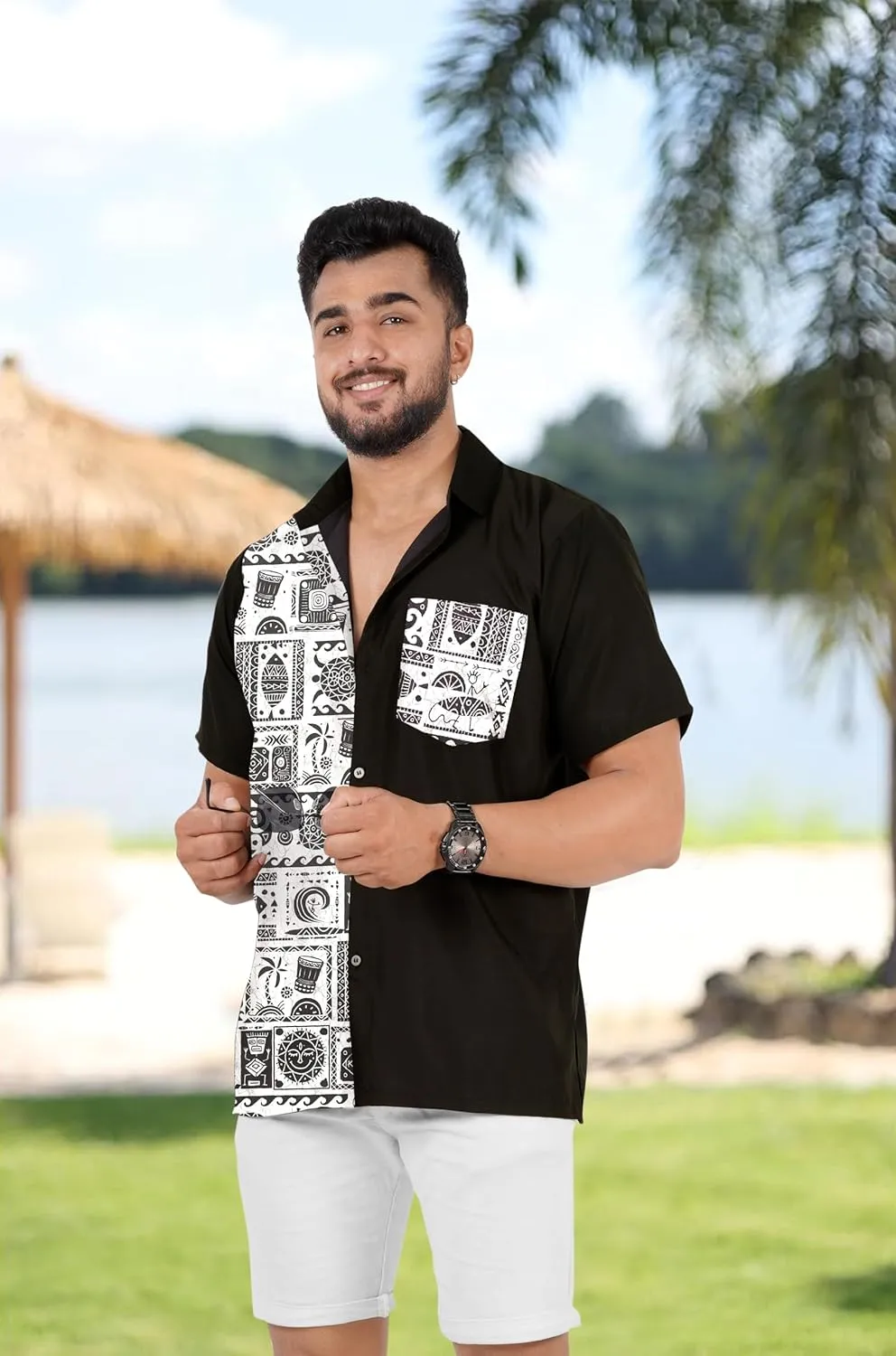 LA LEELA Men's Hawaiian Shirt Summer Untuckit