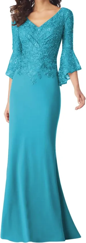 Lace Applique Mermaid Mother of The Bride Dresses with Sleeves Chiffon Formal Dress Empire Waist Evening Dresses for Women