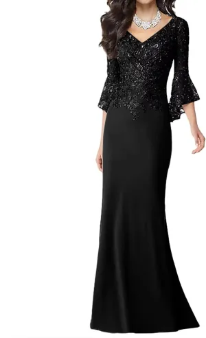 Lace Applique Mermaid Mother of The Bride Dresses with Sleeves Chiffon Formal Dress Empire Waist Evening Dresses for Women