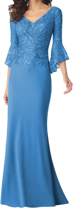 Lace Applique Mermaid Mother of The Bride Dresses with Sleeves Chiffon Formal Dress Empire Waist Evening Dresses for Women
