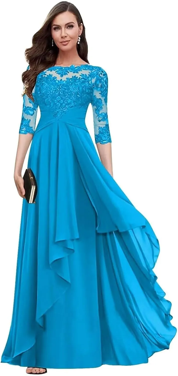 Lace Applique Mother of The Bride Dresses with 3/4 Sleeve Empire Waist Ruched Chiffon Formal Dresses for Wedding Guest