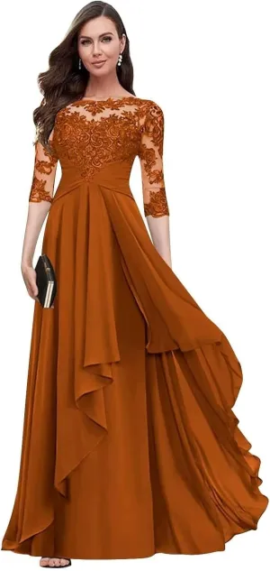 Lace Applique Mother of The Bride Dresses with 3/4 Sleeve Empire Waist Ruched Chiffon Formal Dresses for Wedding Guest