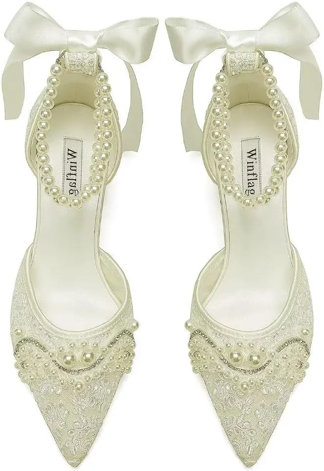 Lace Pearl Wedding Shoes for Bride Block Heel Bridal Shoes Closed Toe Wedding Heels