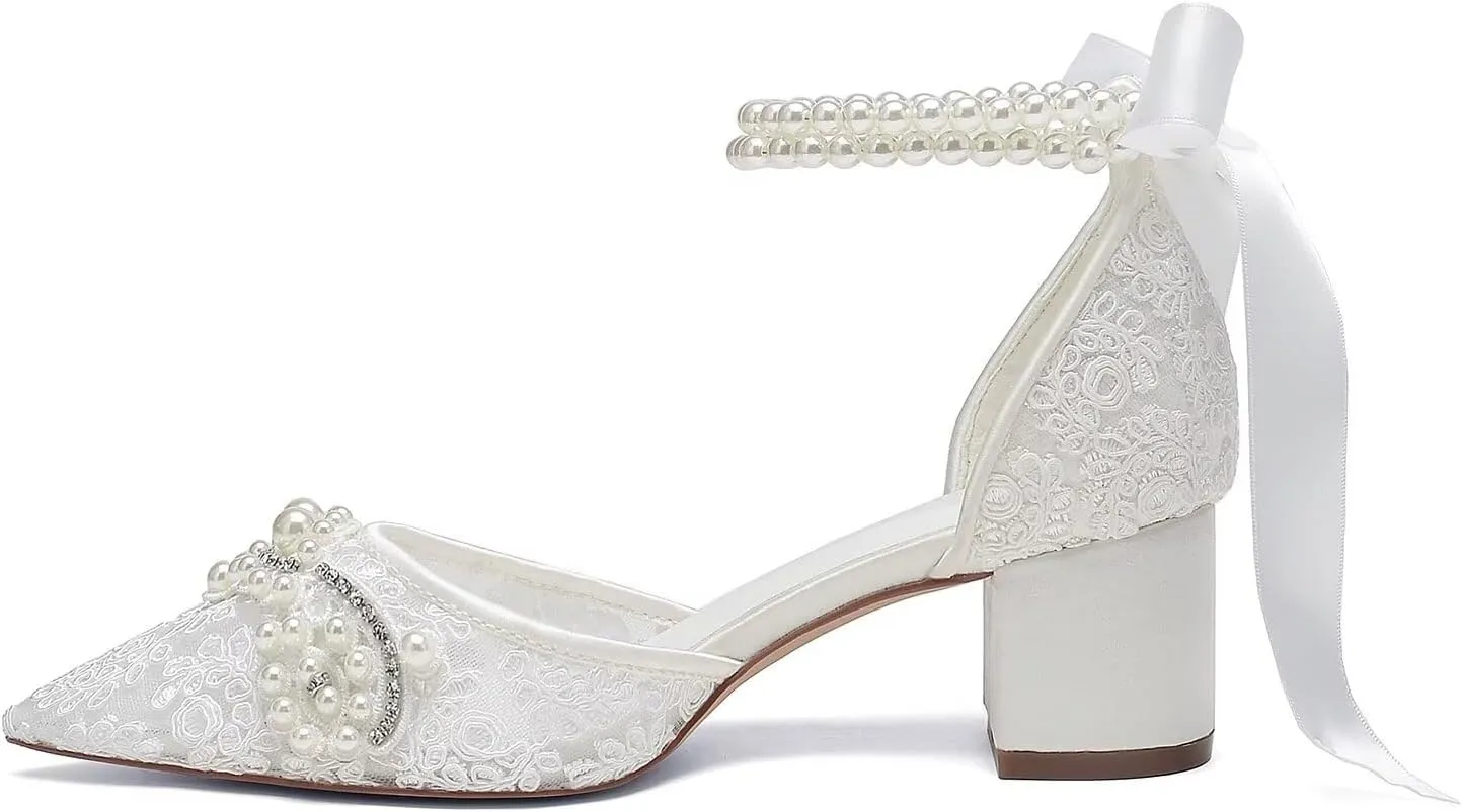 Lace Pearl Wedding Shoes for Bride Block Heel Bridal Shoes Closed Toe Wedding Heels