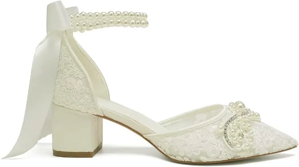 Lace Pearl Wedding Shoes for Bride Block Heel Bridal Shoes Closed Toe Wedding Heels