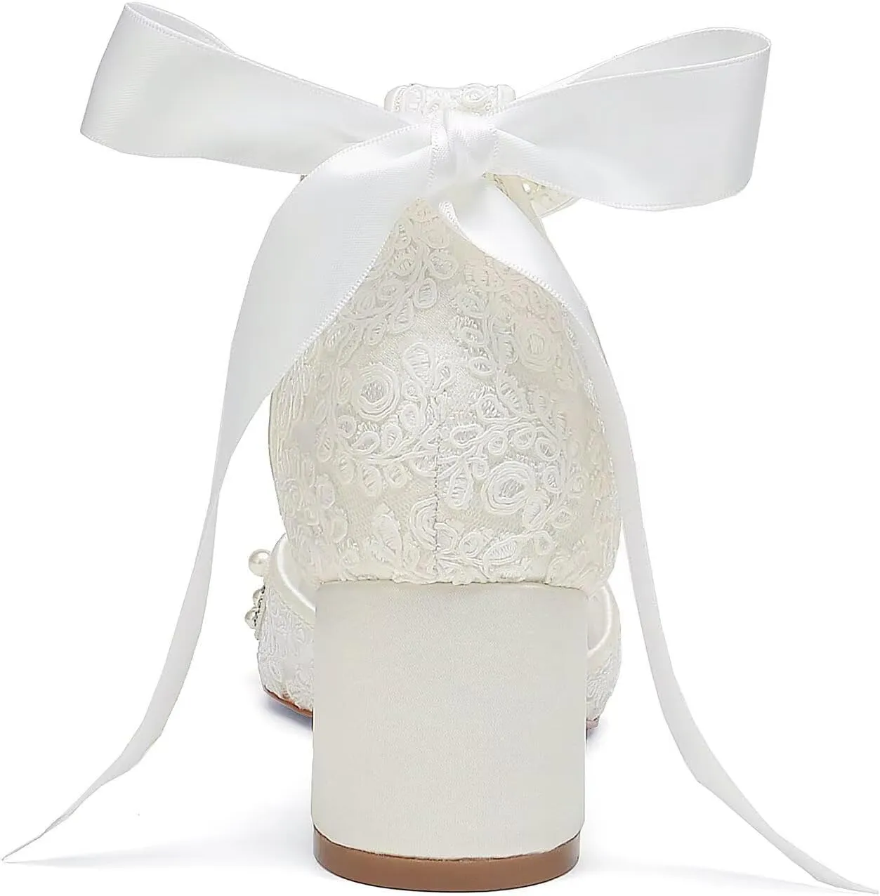 Lace Pearl Wedding Shoes for Bride Block Heel Bridal Shoes Closed Toe Wedding Heels