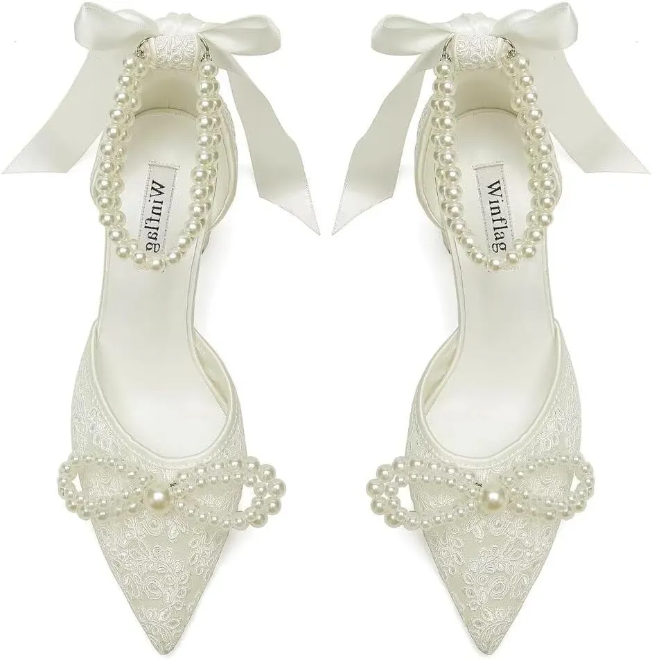 Lace Pearl Wedding Shoes for Bride Block Heel Bridal Shoes Closed Toe Wedding Heels
