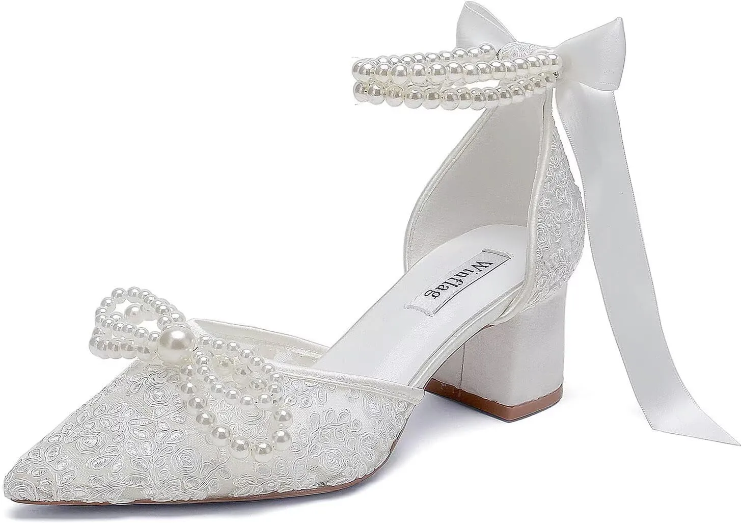 Lace Pearl Wedding Shoes for Bride Block Heel Bridal Shoes Closed Toe Wedding Heels