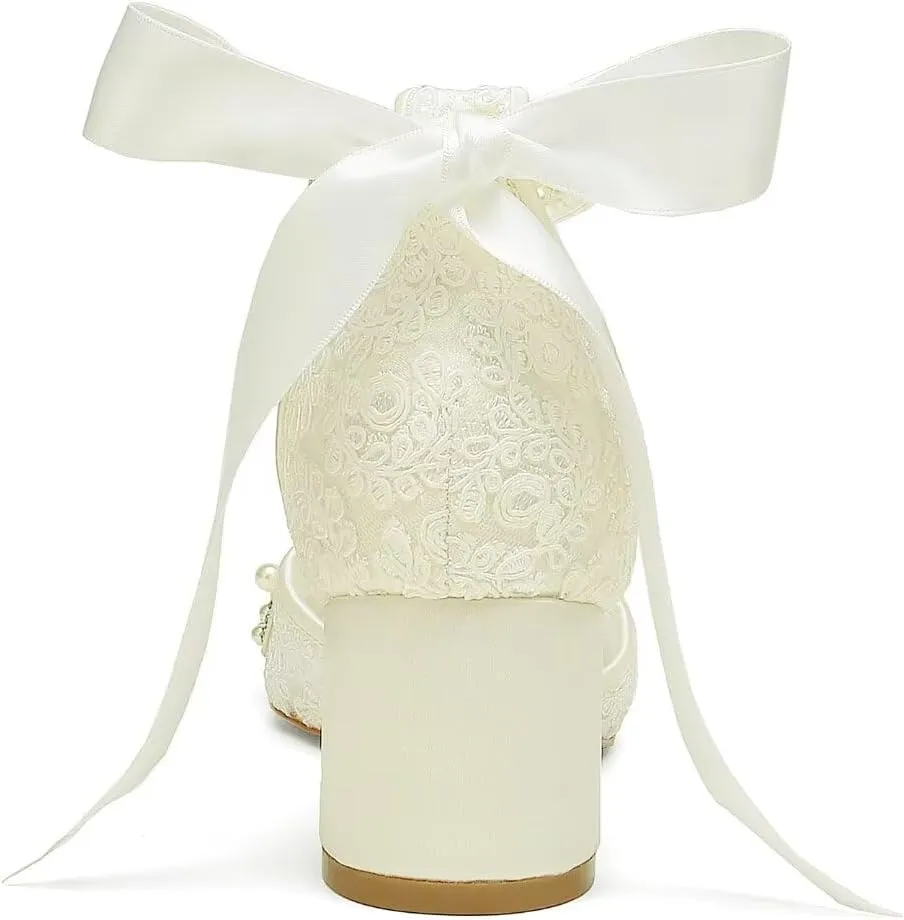 Lace Pearl Wedding Shoes for Bride Block Heel Bridal Shoes Closed Toe Wedding Heels