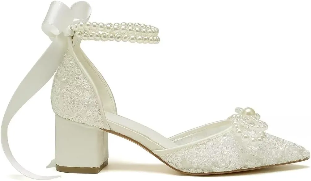 Lace Pearl Wedding Shoes for Bride Block Heel Bridal Shoes Closed Toe Wedding Heels