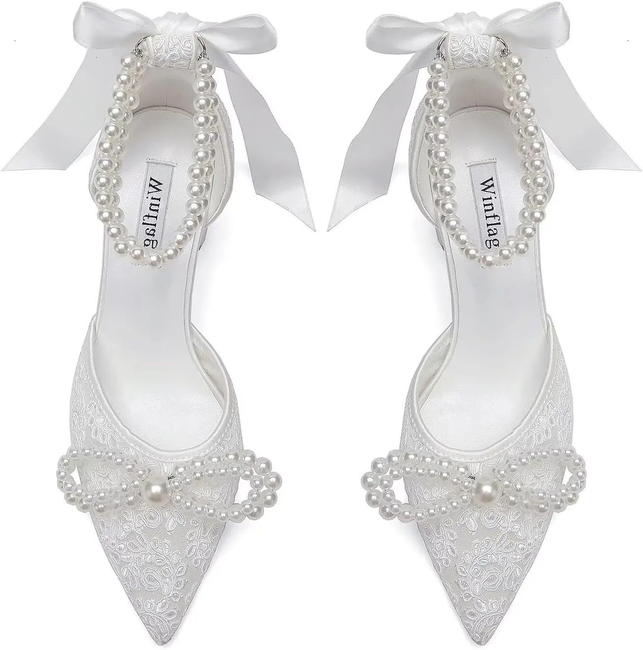 Lace Pearl Wedding Shoes for Bride Block Heel Bridal Shoes Closed Toe Wedding Heels