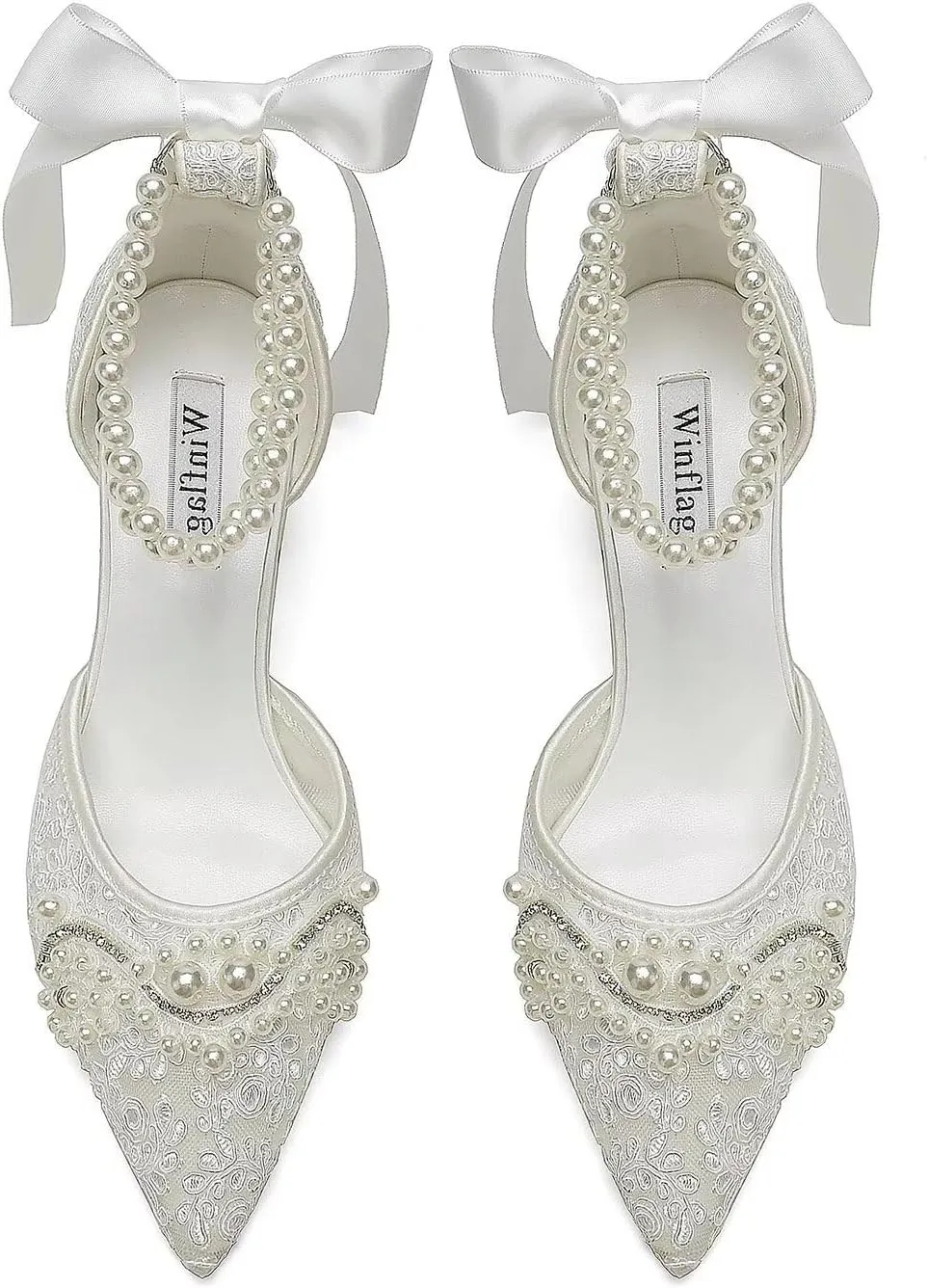 Lace Pearl Wedding Shoes for Bride Block Heel Bridal Shoes Closed Toe Wedding Heels