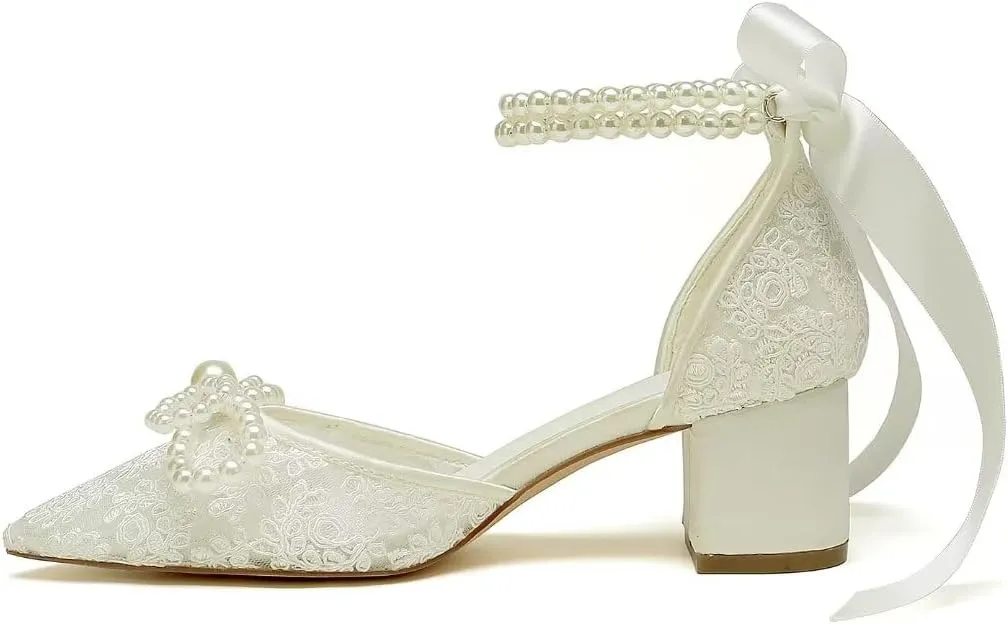 Lace Pearl Wedding Shoes for Bride Block Heel Bridal Shoes Closed Toe Wedding Heels