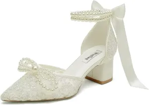 Lace Pearl Wedding Shoes for Bride Block Heel Bridal Shoes Closed Toe Wedding Heels