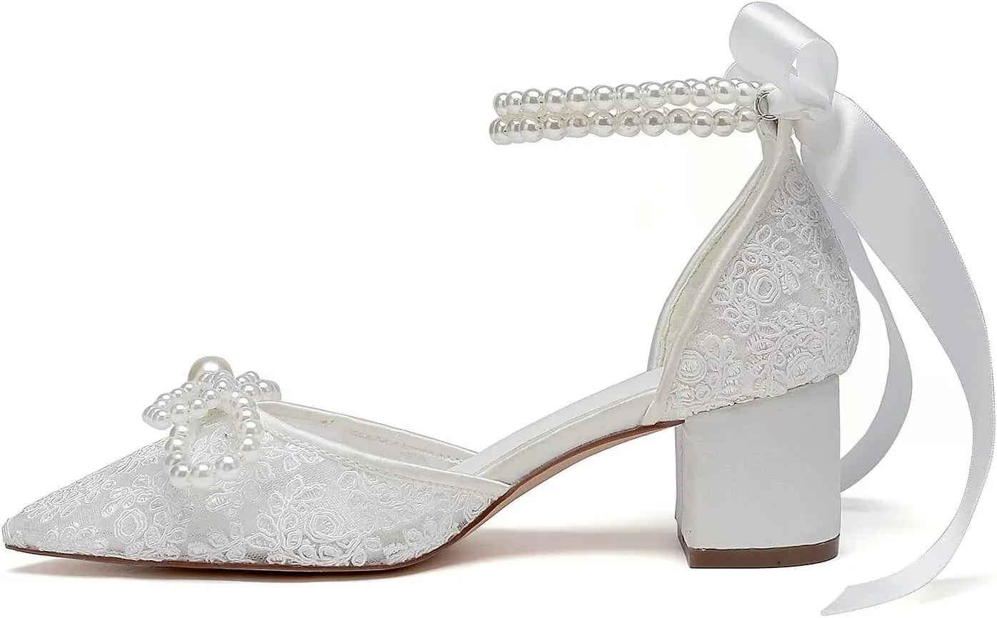 Lace Pearl Wedding Shoes for Bride Block Heel Bridal Shoes Closed Toe Wedding Heels