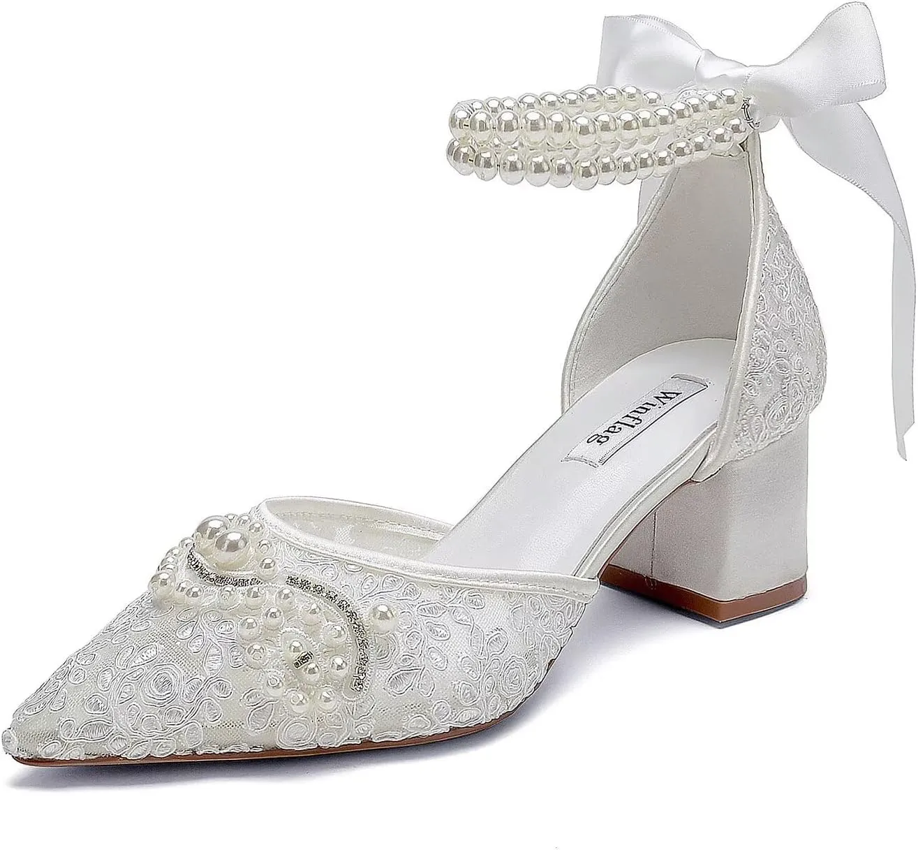 Lace Pearl Wedding Shoes for Bride Block Heel Bridal Shoes Closed Toe Wedding Heels
