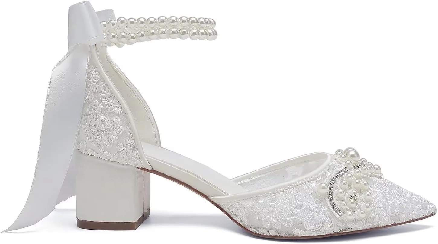Lace Pearl Wedding Shoes for Bride Block Heel Bridal Shoes Closed Toe Wedding Heels