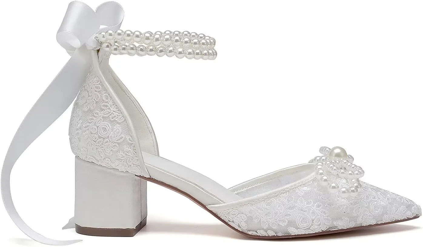 Lace Pearl Wedding Shoes for Bride Block Heel Bridal Shoes Closed Toe Wedding Heels