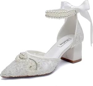 Lace Pearl Wedding Shoes for Bride Block Heel Bridal Shoes Closed Toe Wedding Heels