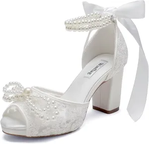 Lace Pearl Wedding Shoes for Bride High Heel Bridal Shoes Peep Toe Platform Wedding Heels