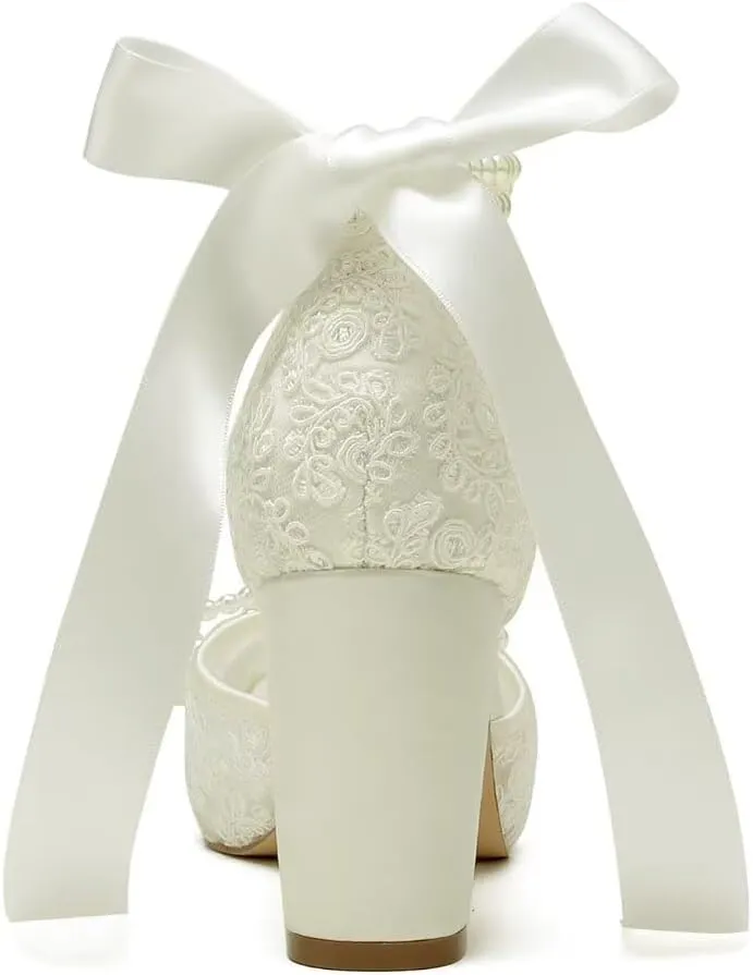 Lace Pearl Wedding Shoes for Bride High Heel Bridal Shoes Peep Toe Platform Wedding Heels