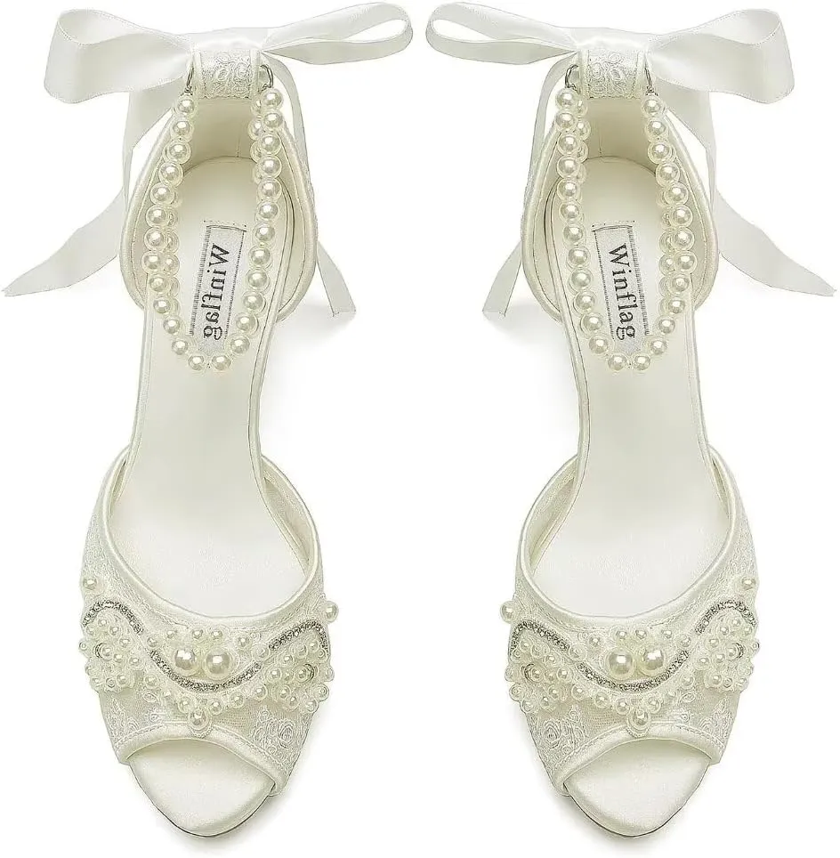 Lace Pearl Wedding Shoes for Bride High Heel Bridal Shoes Peep Toe Platform Wedding Heels