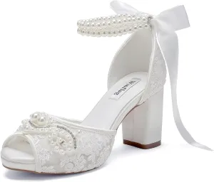 Lace Pearl Wedding Shoes for Bride High Heel Bridal Shoes Peep Toe Platform Wedding Heels