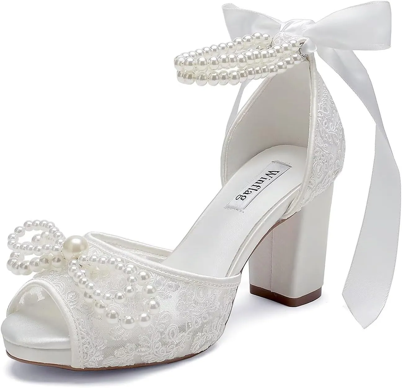 Lace Pearl Wedding Shoes for Bride High Heel Bridal Shoes Peep Toe Platform Wedding Heels