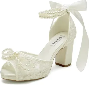 Lace Pearl Wedding Shoes for Bride High Heel Bridal Shoes Peep Toe Platform Wedding Heels
