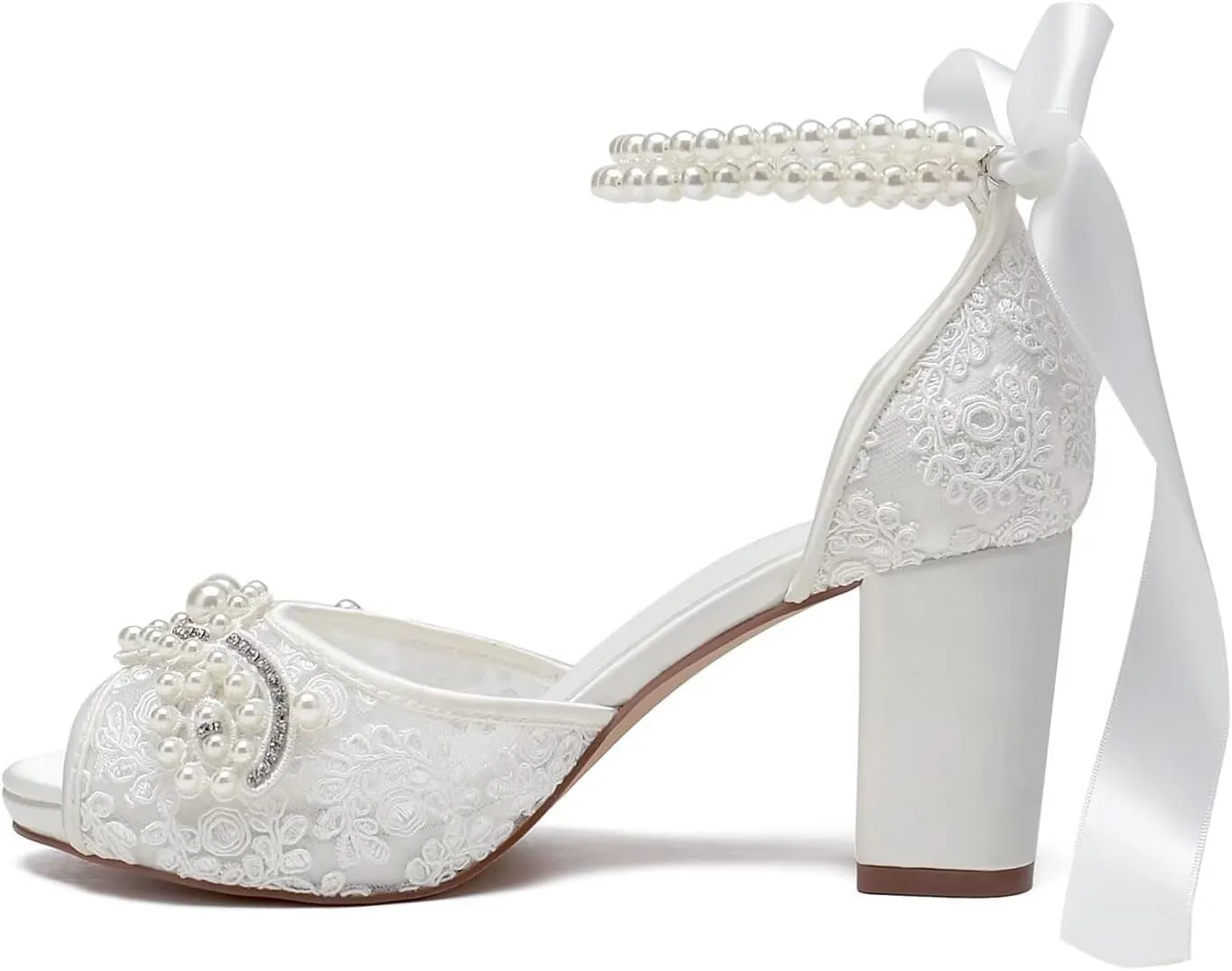 Lace Pearl Wedding Shoes for Bride High Heel Bridal Shoes Peep Toe Platform Wedding Heels